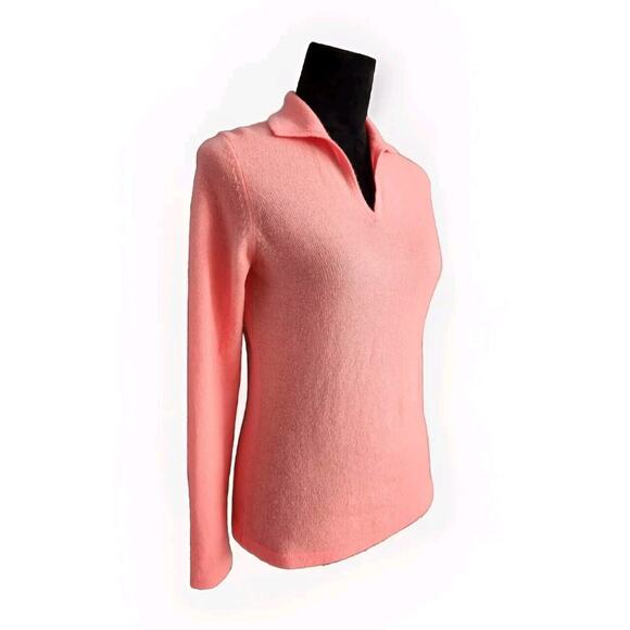 Peck & Peck 100% cashmere Neon Coral V neck Collared Long Sleeve sweater Small - Picture 2 of 6
